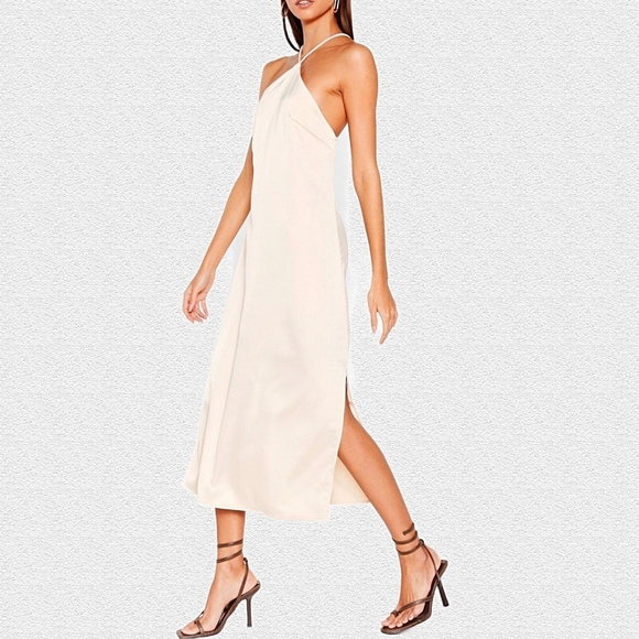 NWT Nasty Gal Size 10 Ivory Satin Side Split Hem Halter Midi Dress - Picture 3 of 6